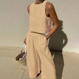 Women's Two Piece Pants Elegant Sleevelss Tank Tops And Long Pant Suit Women Casual Cotton Linen Loose Outfits Fashion Hight Waist Pocket