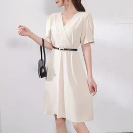 Party Dresses 2024 Summer Formal Simple Apricot Short Sleeve Belt Dress Slim Fashion Office Lady
