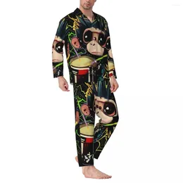 Men's Sleepwear Drumming Monkey Spring Cute Animal Print Vintage Oversized Pajama Set Men Long Sleeve Kawaii Daily Custom Home Suit