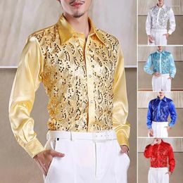 Men's Casual Shirts Formal Shirt Tops Luxury Sequins Performance For Wedding Stage Events Long Sleeve Single-breasted Slim Fit