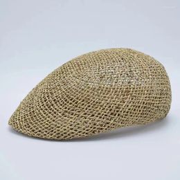 Wide Brim Hats Hand-woven Straw Women Summer Thin Sboy Cap Painter Adjustable Rope Knitted Beret Mesh Breathable Beach Hat