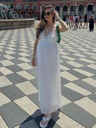 Casual Dresses Elegant Midi White Lace Dress Summer Women Sleeveless High Waist Fashion Female A-line Sundress 2024