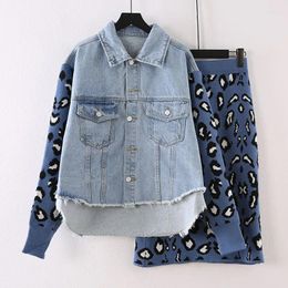 Women's Jackets RUGOD Women Denim Patchwork Jacket Two Piece Sets Knitting Skirt Casual Single Breasted Knitted Sleeve Coat Sweater