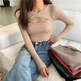 Women's Sweaters Cross Designed Hollowed Out Knitted Sweater Long Sleeve Tops For Women Slim Fitting V-Neck Pullover Autumn Winter Knitwear