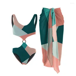 Women's Swimwear Colorful-Matching Women Swimsuit Abstract Geometry Design One-Piece Hollowed Out Bikini Set Cover Up 2024 Beachwear