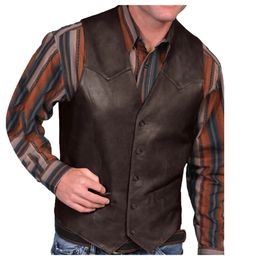 Men's Vest Retro Vneck Solid Colour Pocket With Button Leather For Male Casual Business Wear Tops Autumn Men vneck 240108