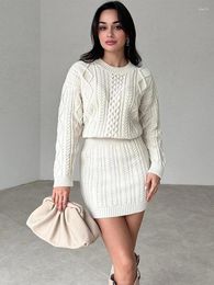 Work Dresses Korean Fashion Two Piece Sets Women Solid Round Neck Long Sleeve Cropped Sweater Wrapped Hip Mini Skirts Set Winter Outfits