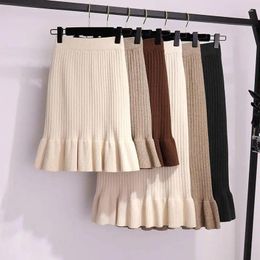 Skirts Women's Autumn And Winter Knitted Medium Long 2024 Fashion Ruffle Wrapped Wool One-step Wrap Buttocks Fishtail Skirt