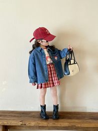 Kids cartoon printed denim jacket boys girls lapel long sleeve baseball uniform 2024 spring children plaid pleated skirt Z6585