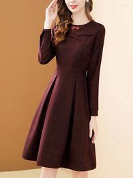 Casual Dresses Wine Woolen Elegant Dress Women Winter Pleated O-neck A-line Long-sleeved Party Solid Office Lady Vestidos