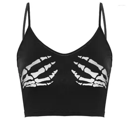 Women's Tanks Women Summer Crop Top Camis Punk Y2K Harajuku Black Sleeveless Human Skeleton Skull Hand Printed Tights Vest Femme