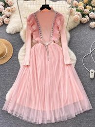 2024 Fashion Sweetheart Girl Stone Diamond Knitted Mesh Fold Dress Cute Kawaii sheer pearl flower with Midi vest 240108