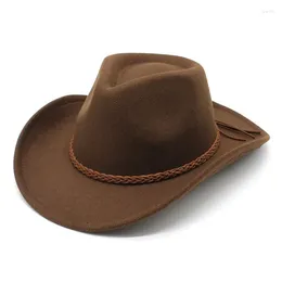 Berets Woolen Bowler Hat Jazz Fedoras Men Women Rolled Brim Western Cowboy Braided Coffee Rope Decor Panama Riding Felt Cap