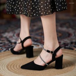 Sandals Summer Pointed Chunky Heel High Heels Large Size 30-44 Buckle Rhinestone Black Women
