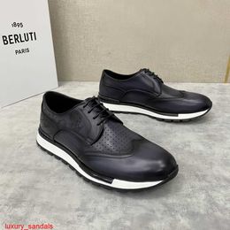 Leather Sneaker BERLUTI Casual Shoes Berlut's New Men's Calf Leather Brushed Color Punched Breathable Sports Shoes Fashionable Carved Lace Up Casual Shoes HBAM