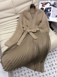 Work Dresses Elegant Women Autumn Winter Knitted Skirt Set V-neck Belt Cardigan Jumpers Long Pleated Casual 2 Pieces