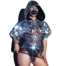 Stage Wear Black Gauze Perspective Shining Rhinestones Sexy Bodysuits With Silver Mirror Sequins Shawl For Women Nightclub Party