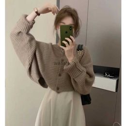 Women's Knits Tees Deeptown Korean Khaki Cropped Jumper Women Batwing Sleeve Sweater Cardigan Harajuku Classic Elegant Basic Oversize Knit Top ChicL240108