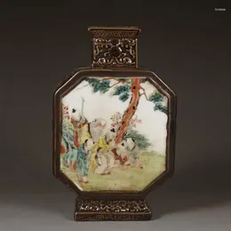 Bottles Chinese Yellow Famille Rose Porcelain Figure Painting Design Flat Vase 7.50 Inch