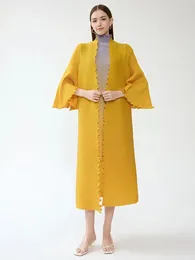 Women's Trench Coats Miyake Pleated Sleeveless Turtleneck Irregular Dress Women Flare Sleeve Wave Long Original Design High Fashion 2 Piece