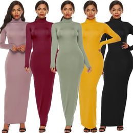 S-5XL Plus Size Party Solid Colour Women Long Sleeve Turtleneck Bodycon Maxi Dress Autumn Winter Slim Sexy Dresses Apricot/Black/ 240108