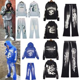 Designer Hellstar Studios Blue Yoga Hoodie And Red Flare Pants Tracksuit For Mens and Womens Terry Hooded Sweatshirt Hoodies HE1548