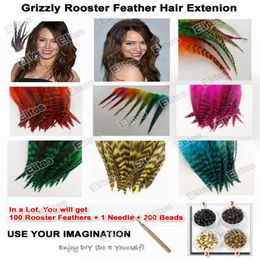 Grizzly Rooster Feather Hair Extension 100pc Feathers Extensions 1 Needle and 200 Beads GRF2016262478