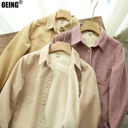 Women's Blouses Fall Winter Corduroy Vintage Pockets Loose Shirts Long Sleeved Casual Outerwear Tops Commute Solid Fashion Button Blouse