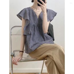 Women's Blouses Plaid Shirts 2024 Summer Women V-neck Sleeveless Tops Ruffled Flying Sleeve Doll Loose Type Retro Ladies Fashion Clothes