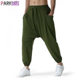 Men's Pants Army Green Baggy Genie Boho Yoga Harem Pants Cotton Low Drop Crotch Joggers Sweatpants Mens Casual Hippie Streetwear Trousers YQ240108