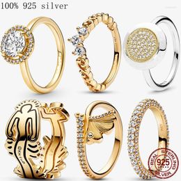 Cluster Rings 2024 Gold Plated 925 Silver Ring Zircon Sparkling Princess Wishbone Heart For Women Original Fine Jewellery