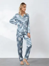 Women's Sleepwear Women Satin Pyjama Sets Print Long Sleeves Button Down Shirts And Pants Ladies Loungewear Casual