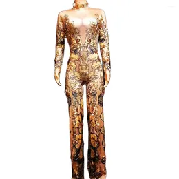 Stage Wear Shining Gold Crystals Print Women Jumpsuit Singer Evening Birthday Celebrate Bodysuits Nightclub Dancer Costumes