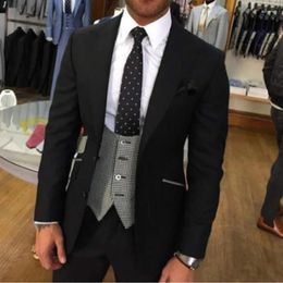 Men's Suits Formal Men Black Single Breasted Peaked Lapel Flat Skinny Blazer Elegant 3 Piece Jacket Pants Vest Tailor-made Male Cloth