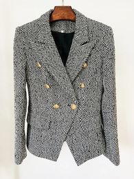 HIGH STREET est FW Designer Woolen Coat Womens Slim Fitting Lion Buttons Herringbone Stripted Tweed Jacket Blazer 240108