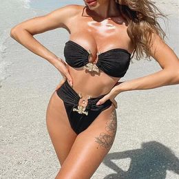 Sexy Solid Black Bikini Women Off Shoulder High Cut Push Up Padded Rhinestone Swimwear Brazilian Bathing Suit Swimsuit 240108