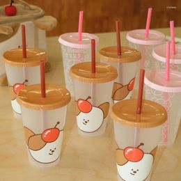 Water Bottles 500ml Transparent Plastic Straw Cup Cute Cartoon Thick PP Drink Bottle Portable Travel Coffee Fruit Juice Tea Cups