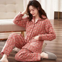 Women's Sleepwear 2024 Extra-thick Pyjama Women Autumn Winter Cotton Padded Loungewear Middle-aged Homewear Suit V-neck Lattice