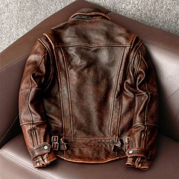 Men Genuine Leather Jacket Vintage Brown 100% Cowhide Coat Man Slim Fashion Biker Clothing Asian Size S-6XL M697 Drop 240108