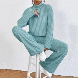 Women's Sleepwear Knitted Women Pajama Set Two Piece Matching Outfits High Neck Long-Sleeved Tops And Pants Tracksuit Sets Woman Pyjama