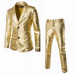 Bronzing Shiny Gold Silver Suits Blazer Men Faux Leather Thin Suit Pants Black Fashion Wedding Party Stage Costumes 240108