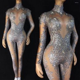 Stage Wear Long Sleeves High Neck Shining Crystal Rhinestones Sexy Jumpsuits For Women Singer Perform Costumes Party Club Clothing