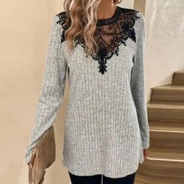 Women's Blouses Casual Loose T-shirt Lace Patchwork Round Neck Pullover Blouse For Fall Spring Soft Warm Mid Length Top With Hollow Out