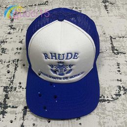 Classic Fashion Blue Letters Crown Embroidery Rhude Hat Men Women Adjustable Sunscreen Mesh Patchwork Baseball Cap CQOR