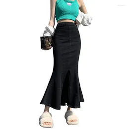 Skirts Women's Retro Denim Skirt 90S Spicy Girl Y2K Elastic High Waist Wrap Hip Black Blue Split Fishtail Mid Length