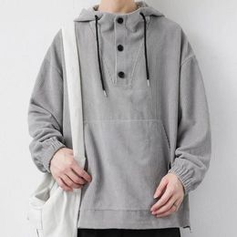 Men's Jackets Distinctive Collar Button Hoodie Solid Colour With Drawstring Patch Pocket Casual Pullover For Daily