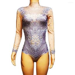 Stage Wear 3D Print Leotard Skinny Jumpsuits Long Sleeve Purple Women Bodysuits Pole Dancing Costumes Nightclub Singer