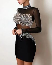 Chic Office Lady Long Sleeve Women's Dresses Luxury Rhinestone Party Night Bodycon Dress Sexy Gala Mesh Splic S-2XL 240106