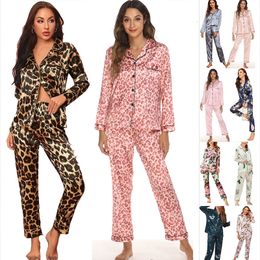 Silk Pyjamas Set For Women Sleep Lounge Wear Female Pyjamas Leopard Fashion Lady Long SleevePants Nightwear Sexy Spring 240108