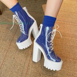 Boots Chunky Heel Cross Tied Transparent Catwalk Ankle Round Toe Super High Heels 2024 Chic Sexy British Style Bling Shoes